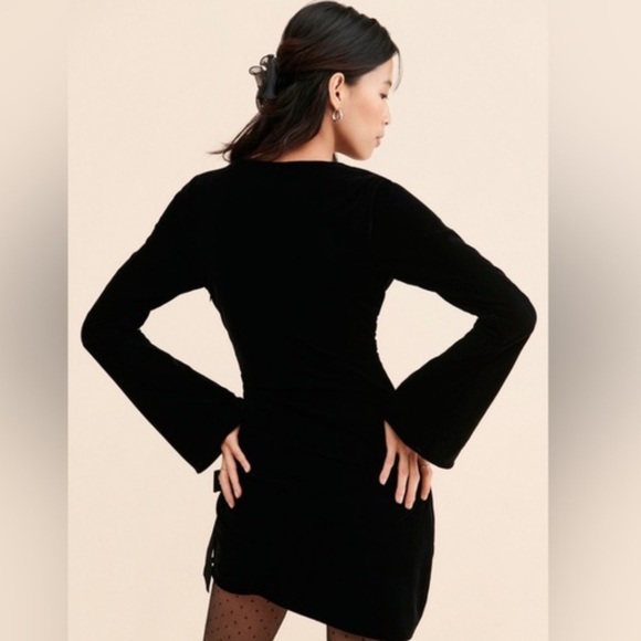For Love & Lemons Tamera Velvet Mini Dress black Cowl Neck, Long Bell Sleeves, - Picture 3 of 8